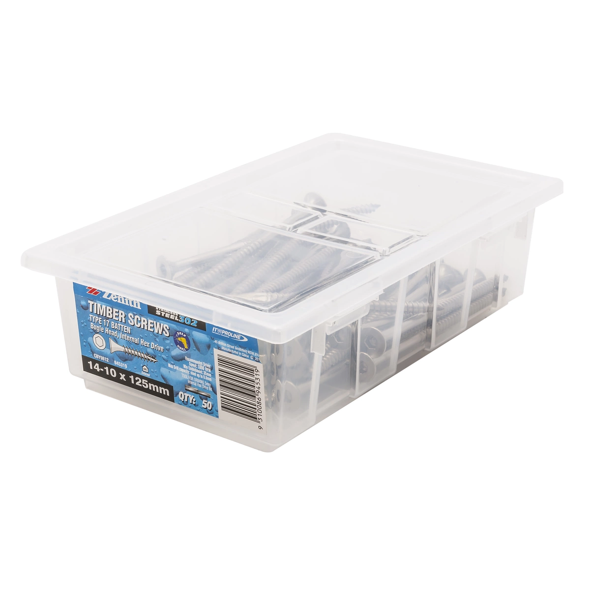 ZENITH® 14G x 125mm 304 Stainless Steel, Self Drilling, Internal Hex Drive, Bugle Batten Screws – External Use – 50 Pack