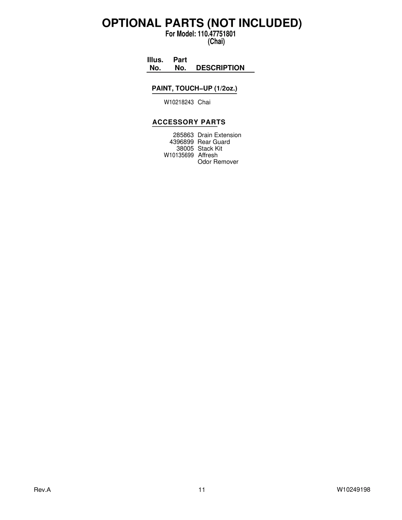 OPTIONAL PARTS (NOT INCLUDED)