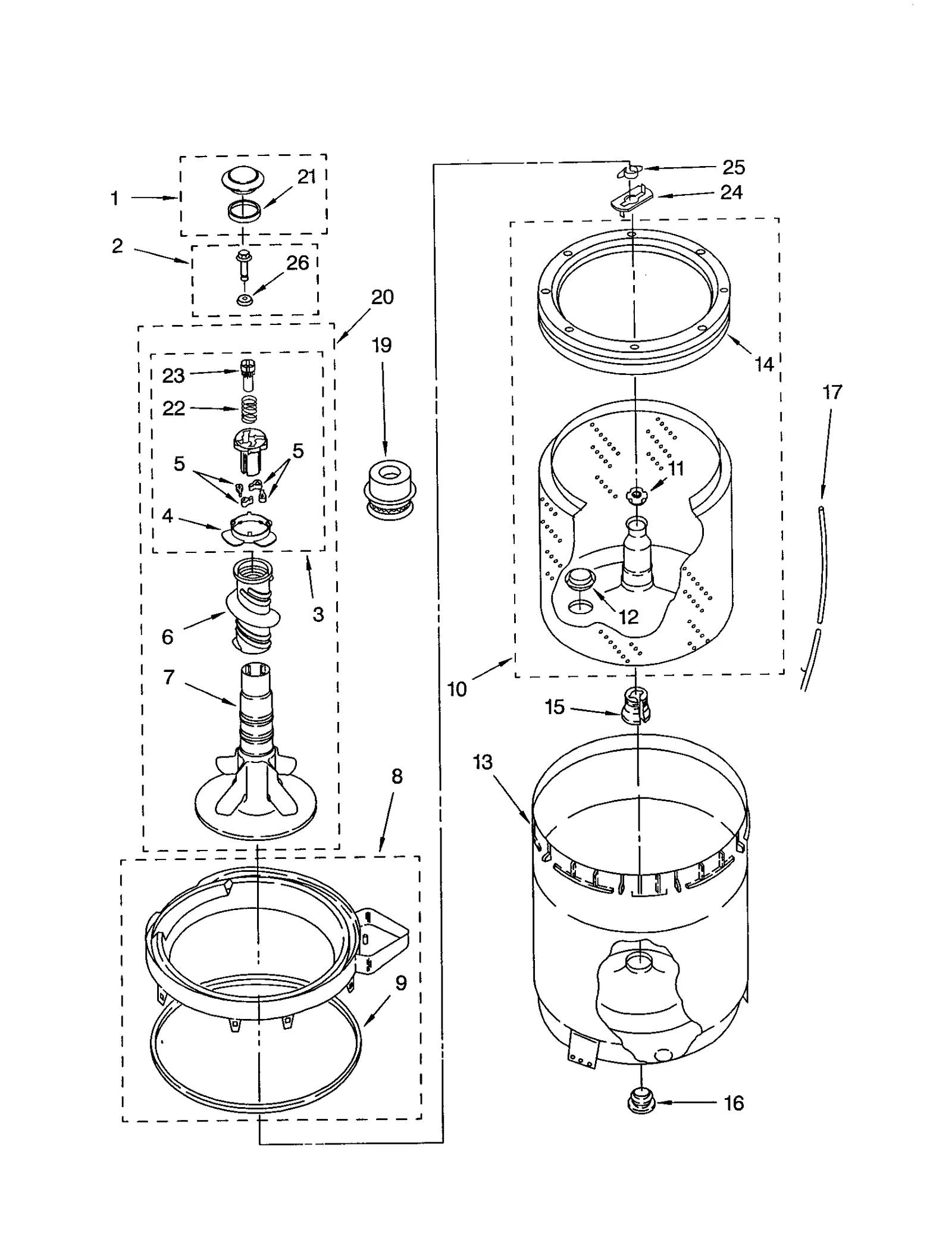 AGITATOR, BASKET AND TUB