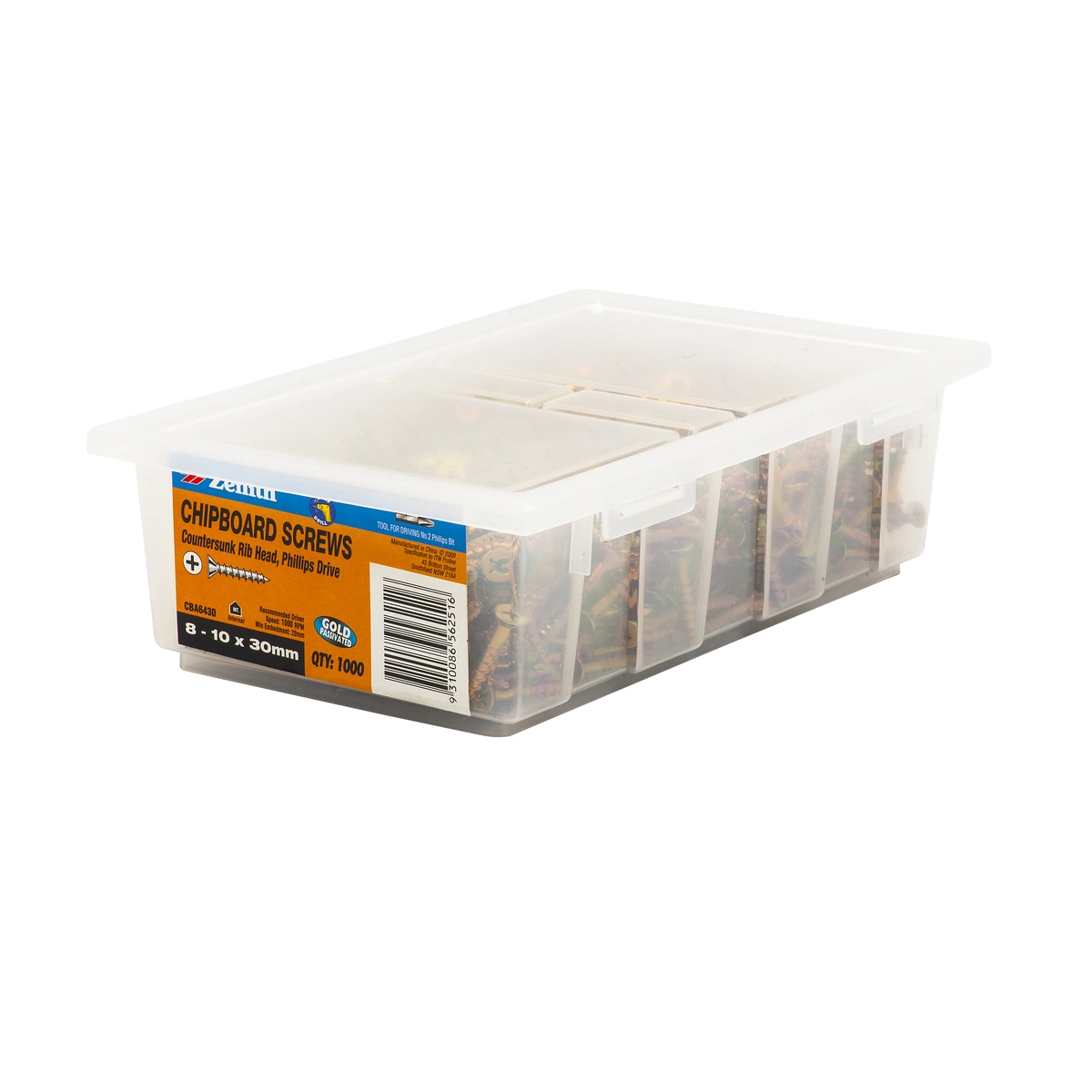 ZENITH® 8G x 30mm Gold Passivated, Square Drive, Chipboard Screws – Internal Use – 1000 Pack