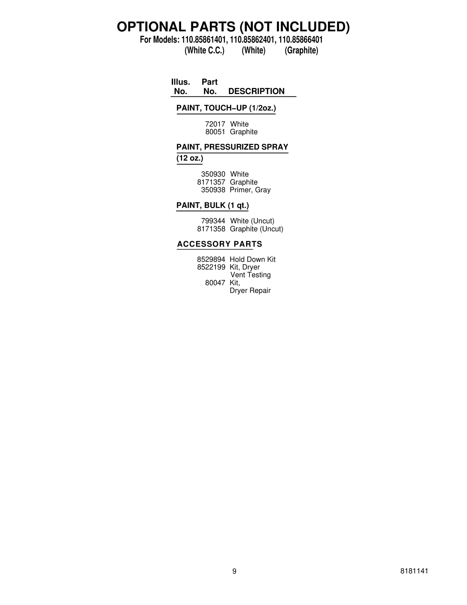 OPTIONAL PARTS (NOT INCLUDED)