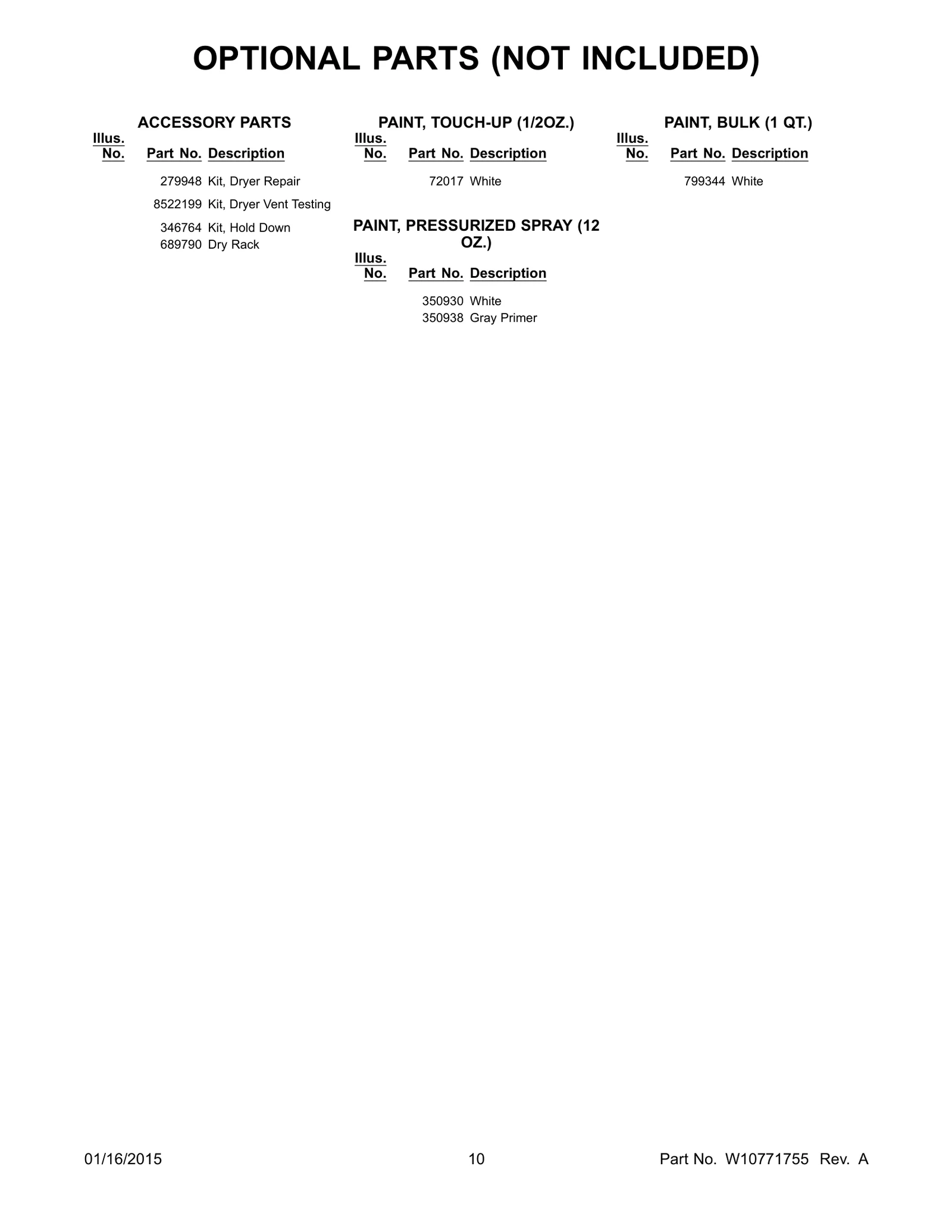 OPTIONAL PARTS (NOT INCLUDED)