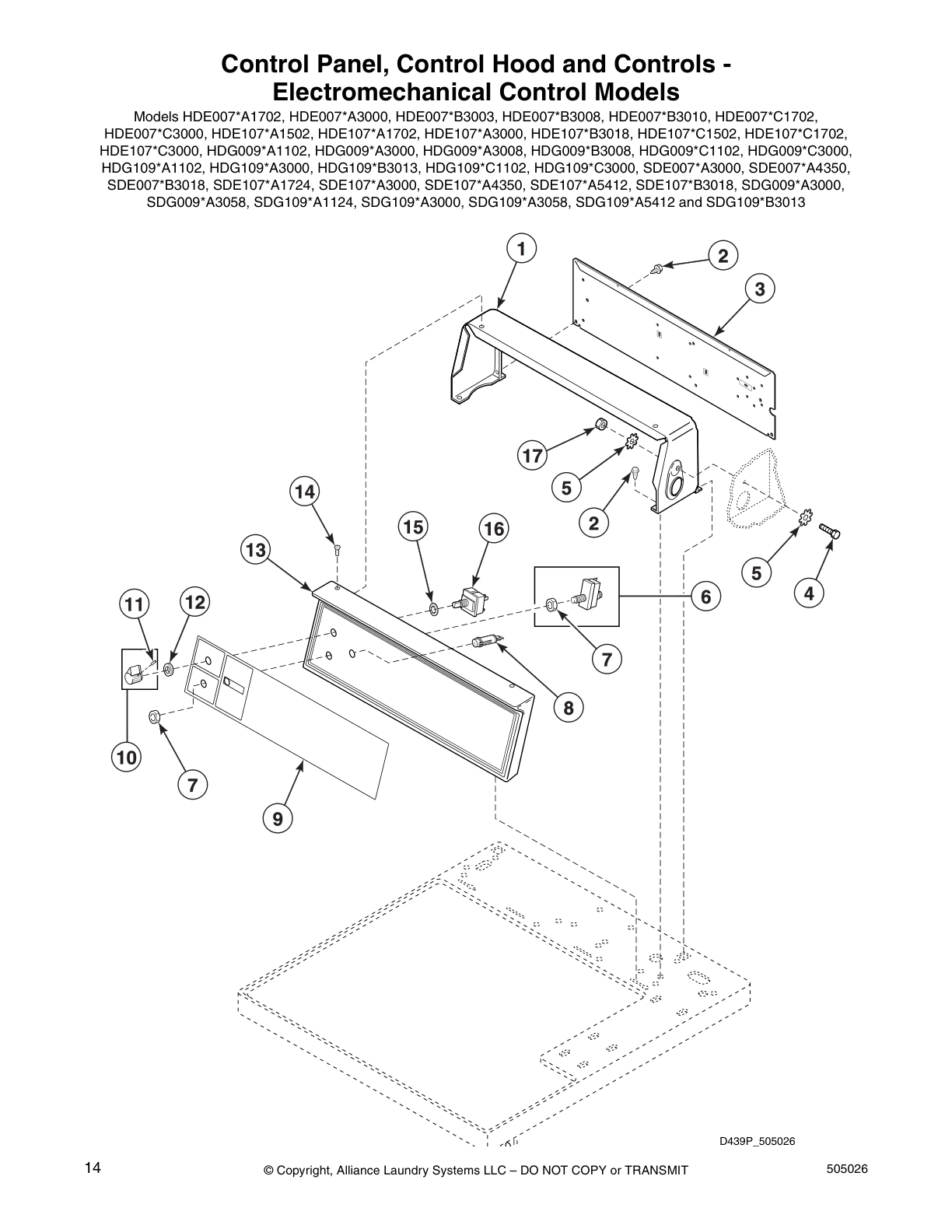 Control Panel, Control Hood and Controls -
Electromechanical Control Models