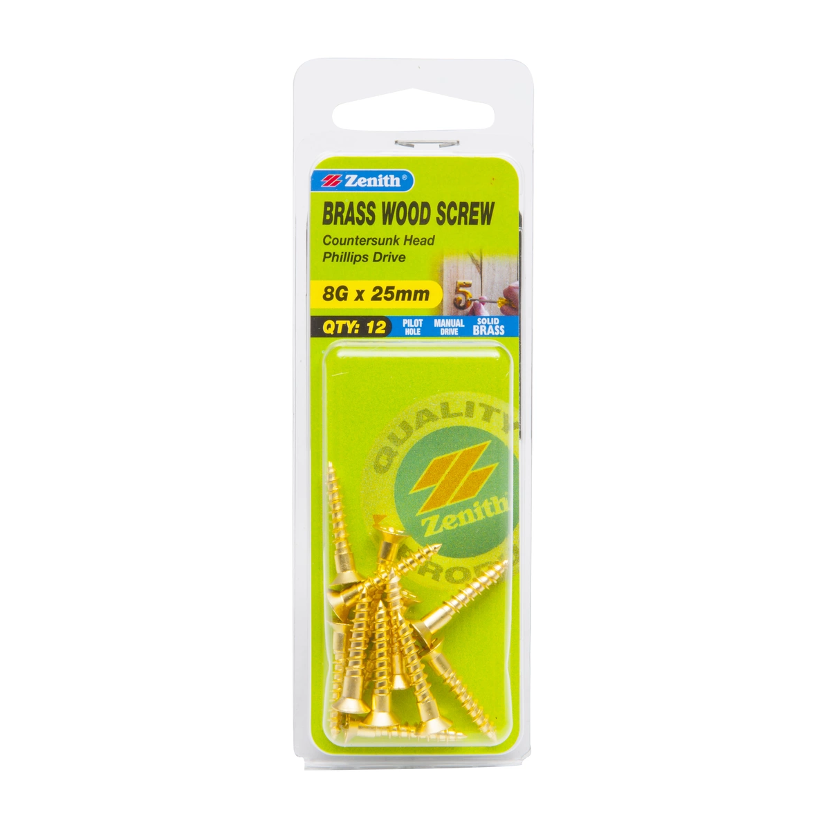ZENITH® 8G x 25mm Solid Brass, Phillips Drive, Wood Screws – Internal Use – 12 Pack