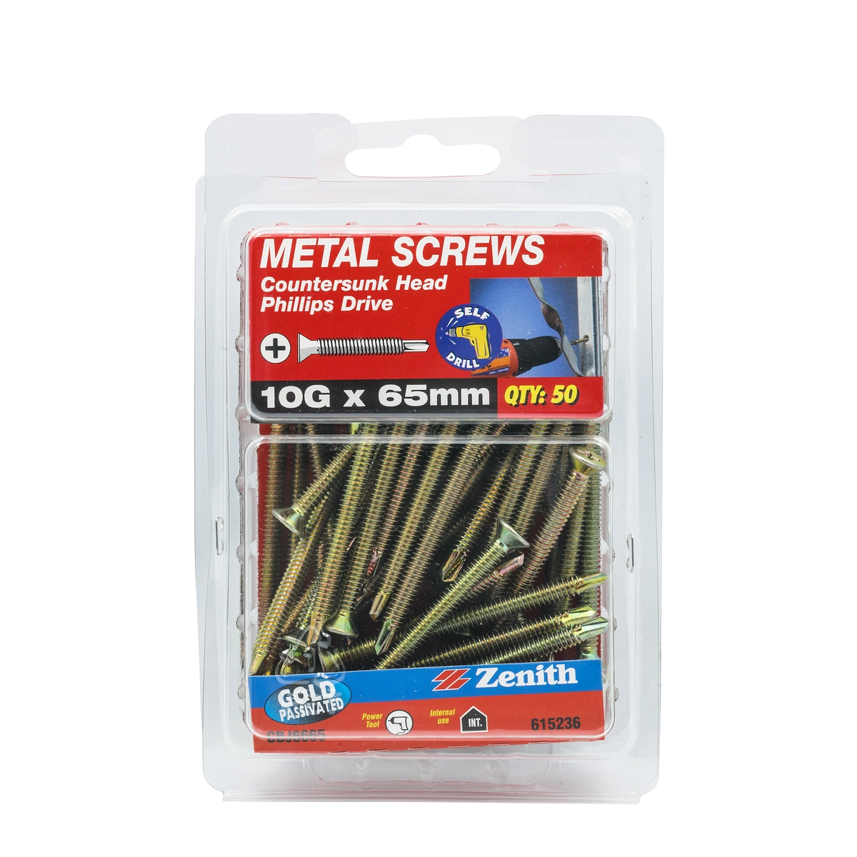 ZENITH® 10G x 65mm Gold Passivated, Self Drilling, Phillips Drive, Metal Screws – Internal Use – 50 Pack