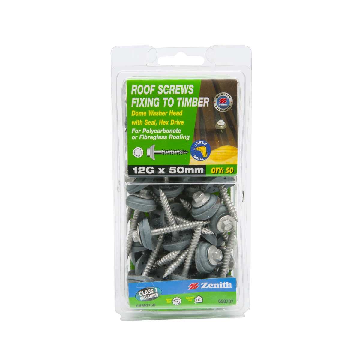 ZENITH® 12G x 50mm Class 3 Galvanised, External Hex Drive, Hex Head, Cladding & Roofing Screws with Seal – External Use – 50 Pack