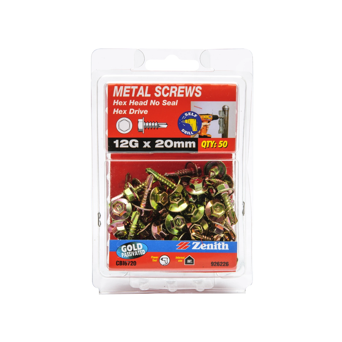 ZENITH® 12G x 20mm Gold Passivated, Self Drilling, External Hex Drive, Metal Screws – Internal Use – 50 Pack