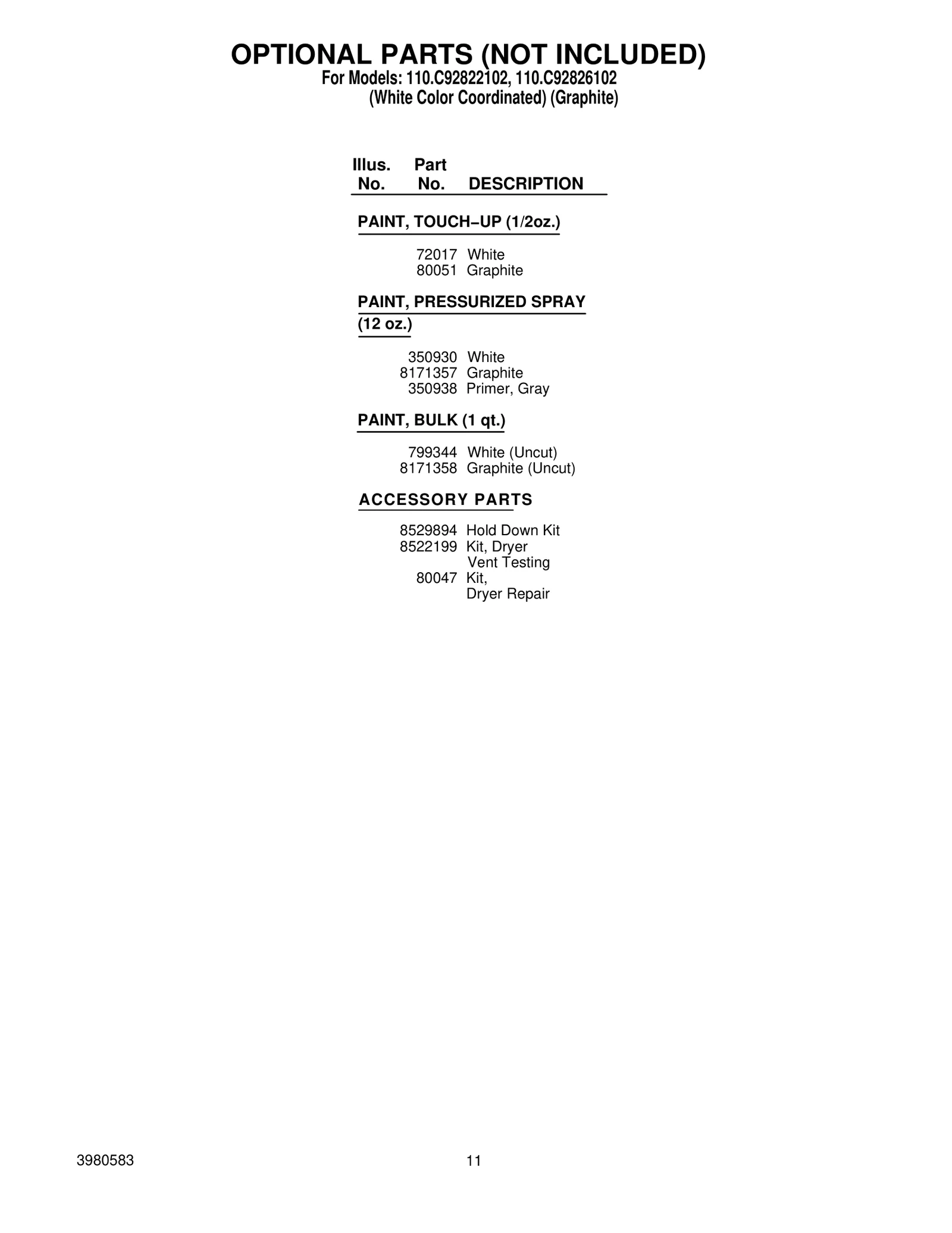 OPTIONAL PARTS (NOT INCLUDED)