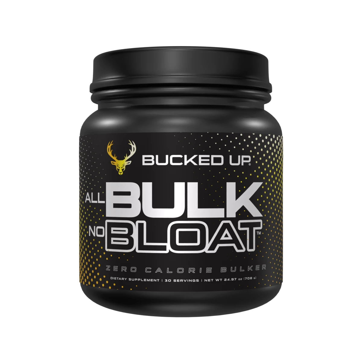 A black cylindrical container of Bucked Up All Bulk Bloat dietary supplement with a screw-on lid, featuring a label with a yellow deer head logo, bold white and gray text, and yellow dotted accents on a black background, set against a plain white backdrop, shot from a straight-on angle with even lighting that highlights the matte finish of the container and the vibrant label design, conveying a sleek, modern, and energetic aesthetic.