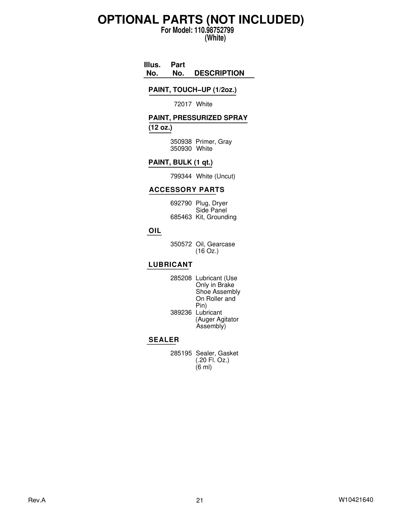 OPTIONAL PARTS (NOT INCLUDED)