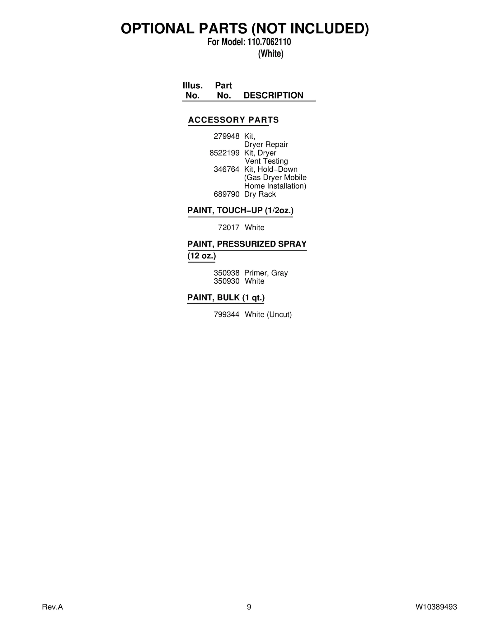 OPTIONAL PARTS (NOT INCLUDED)