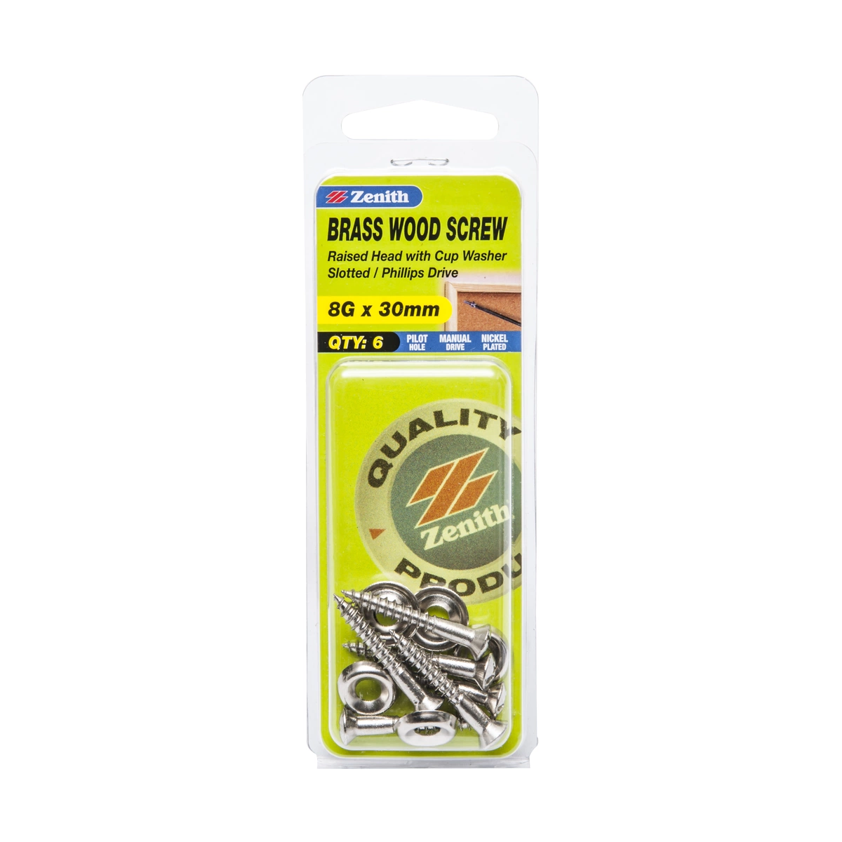 ZENITH® 8G x 30mm Nickel Plated, Combination Drive, Wood Screws – Internal Use – 6 Pack