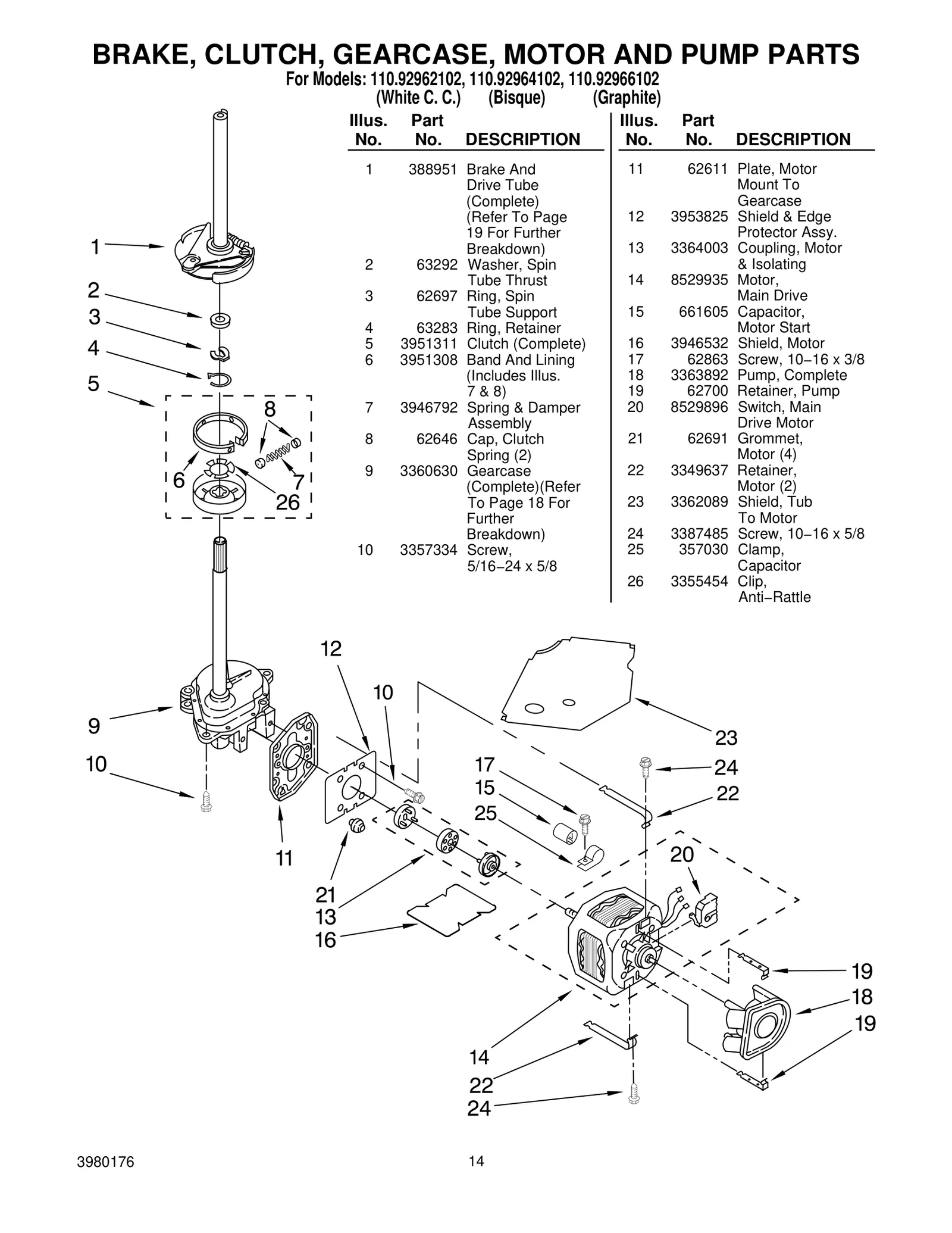 BRAKE, CLUTCH, GEARCASE, MOTOR AND PUMP PARTS