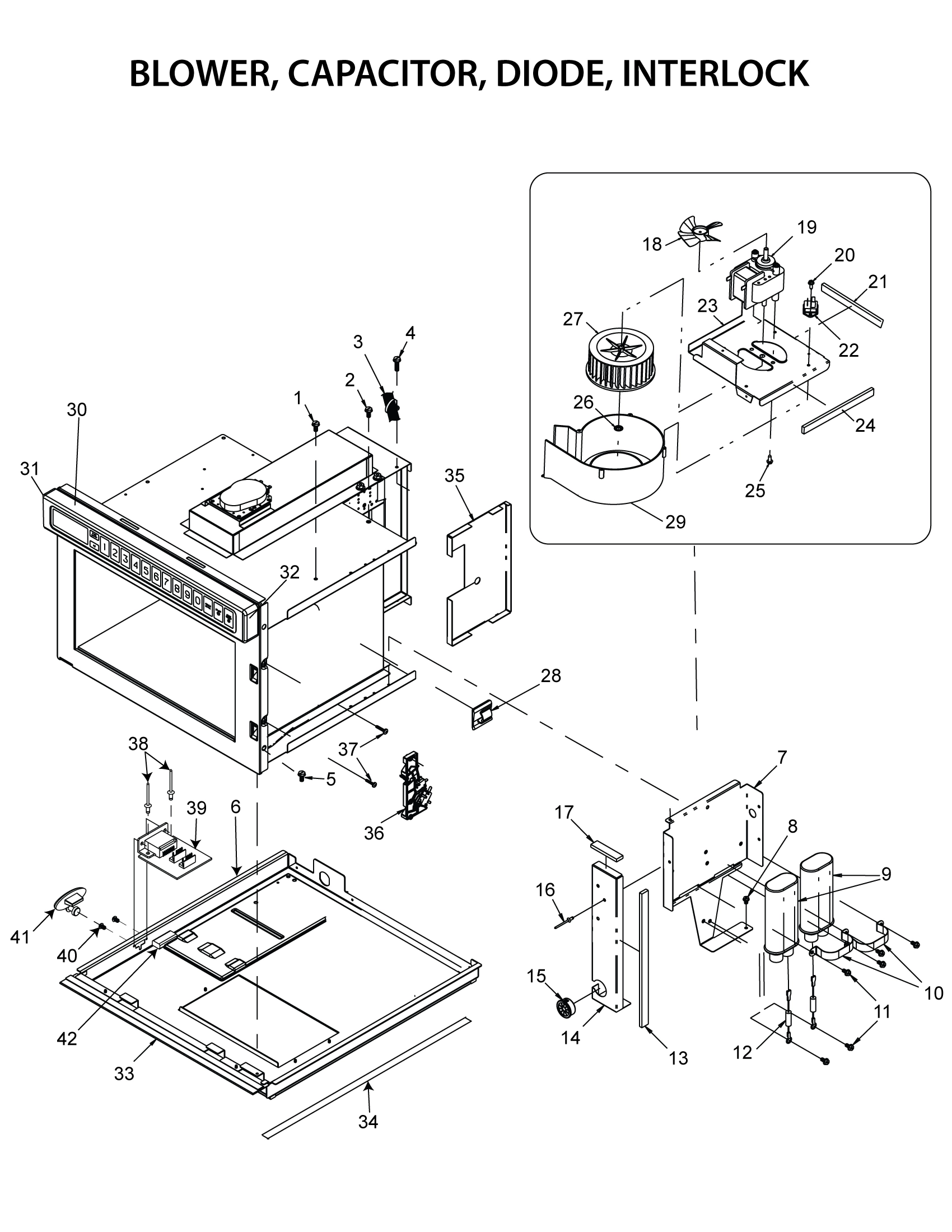 BLOWER, CAPACITOR, DIODE, INTERLOCK