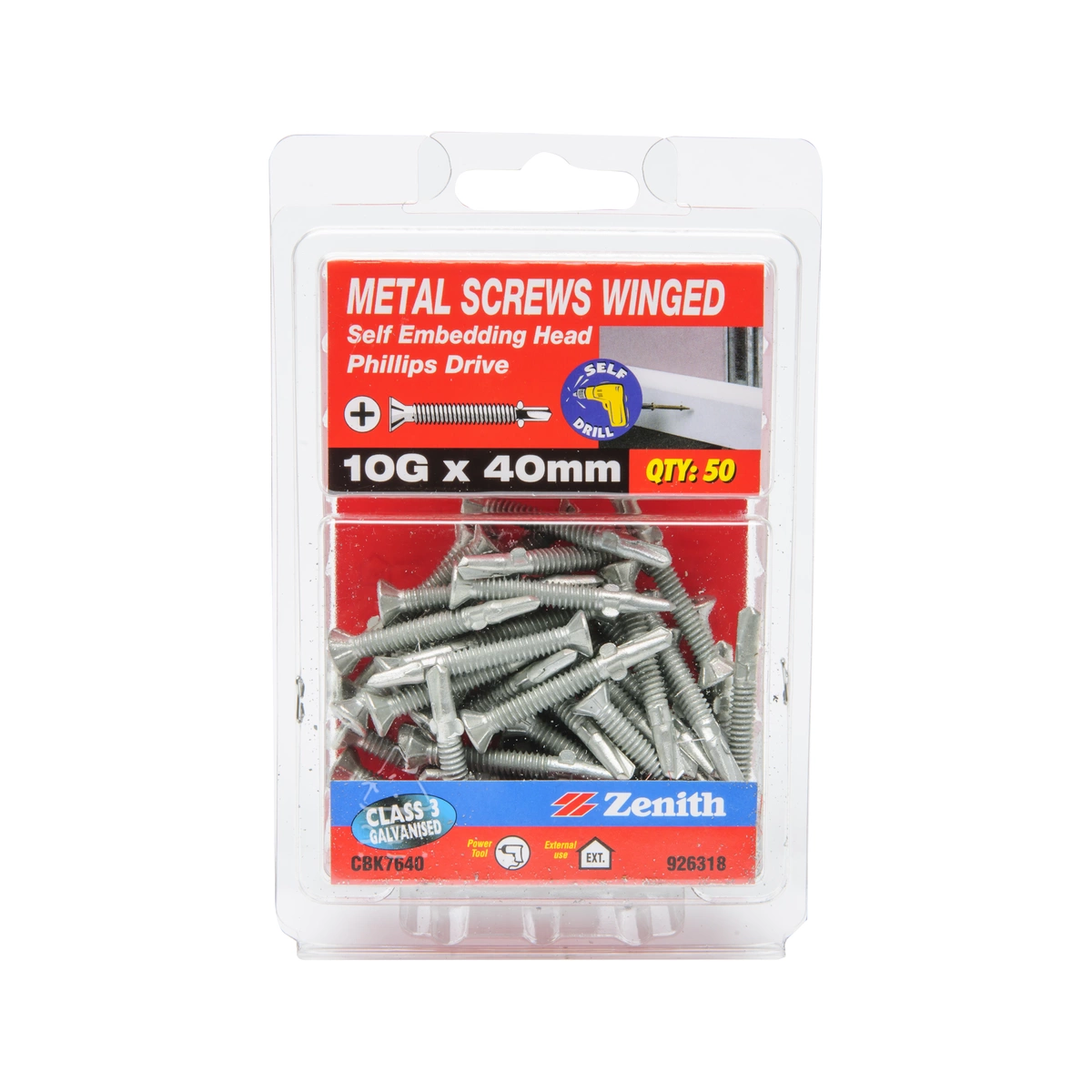 ZENITH® 10G x 40mm Class 3 Galvanised, Self Drilling, Phillips Drive, Winged Drill Point, Metal Screws – External Use – 50 Pack