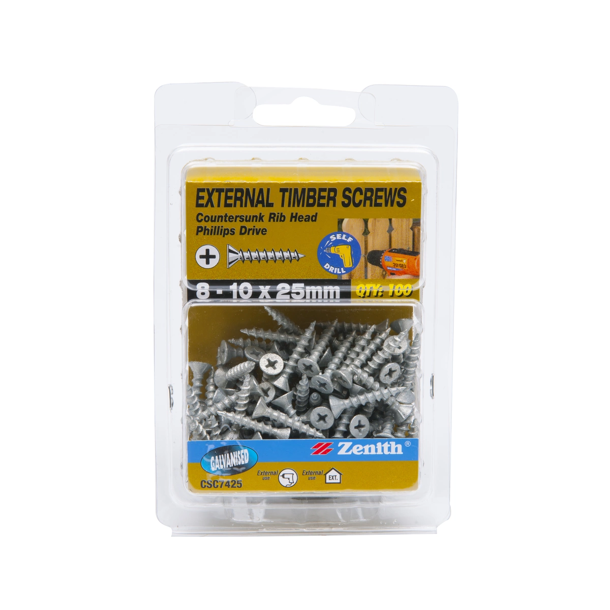 ZENITH® 8G x 25mm Galvanised, Phillips Drive, Timber Screws – External Use – 100 Pack