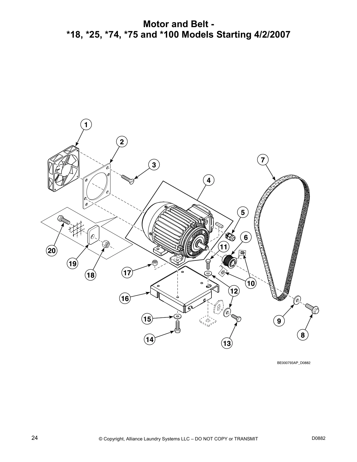 Motor and Belt - 
*18, *25, *74, *75 and *100 Models Starting 4/2/2007