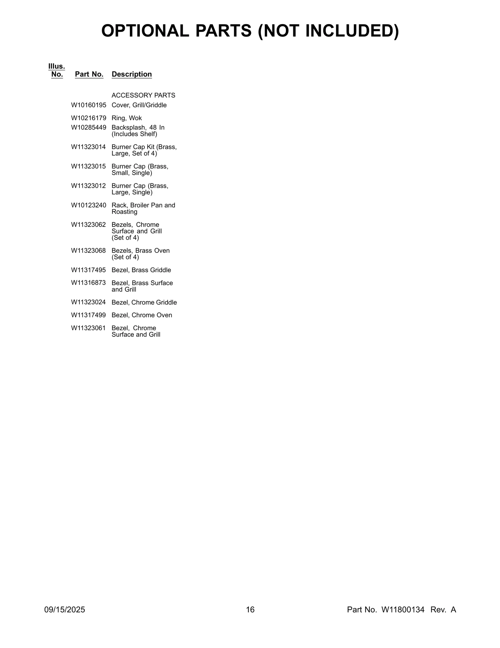 OPTIONAL PARTS (NOT INCLUDED)