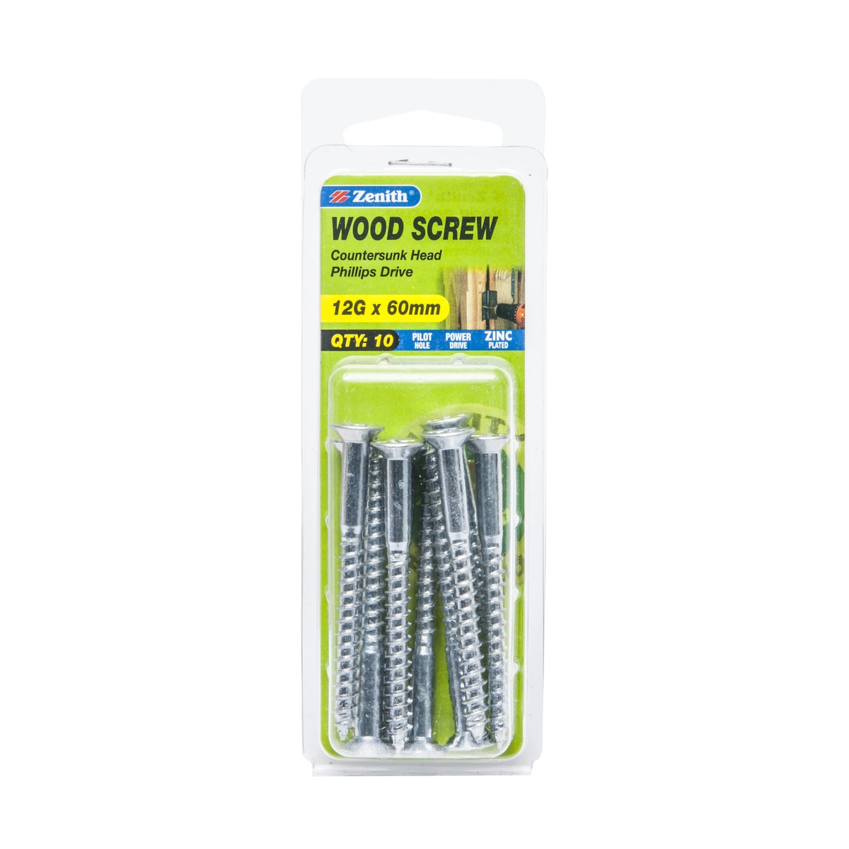 ZENITH® 12G x 60mm Zinc Plated, Phillips Drive, Timber Screws – Internal Use – 10 Pack