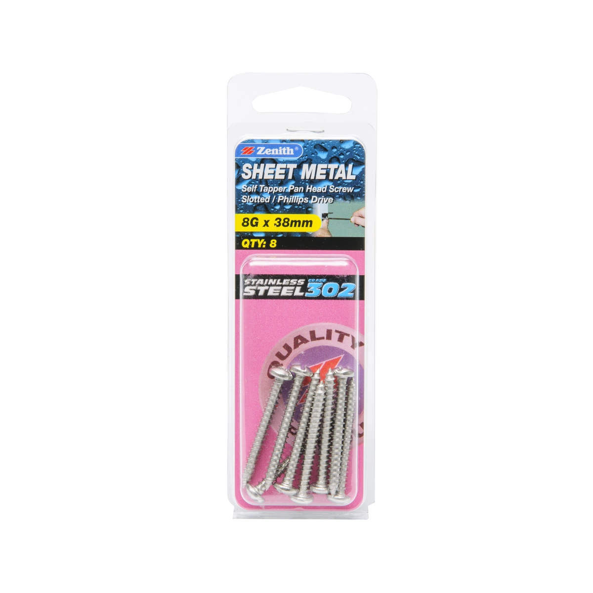 ZENITH® 8G x 38mm 304 Stainless Steel, Self Tapping, Combination Drive, Sheet Metal Screws – External Use – 8 Pack