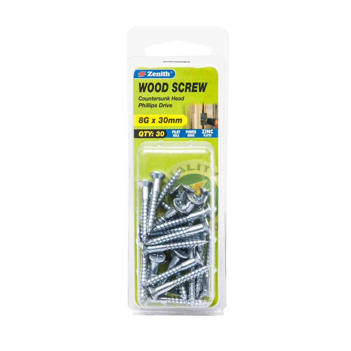 ZENITH® 8G x 30mm Zinc Plated, Phillips Drive, Wood Screws – Internal Use – 30 Pack