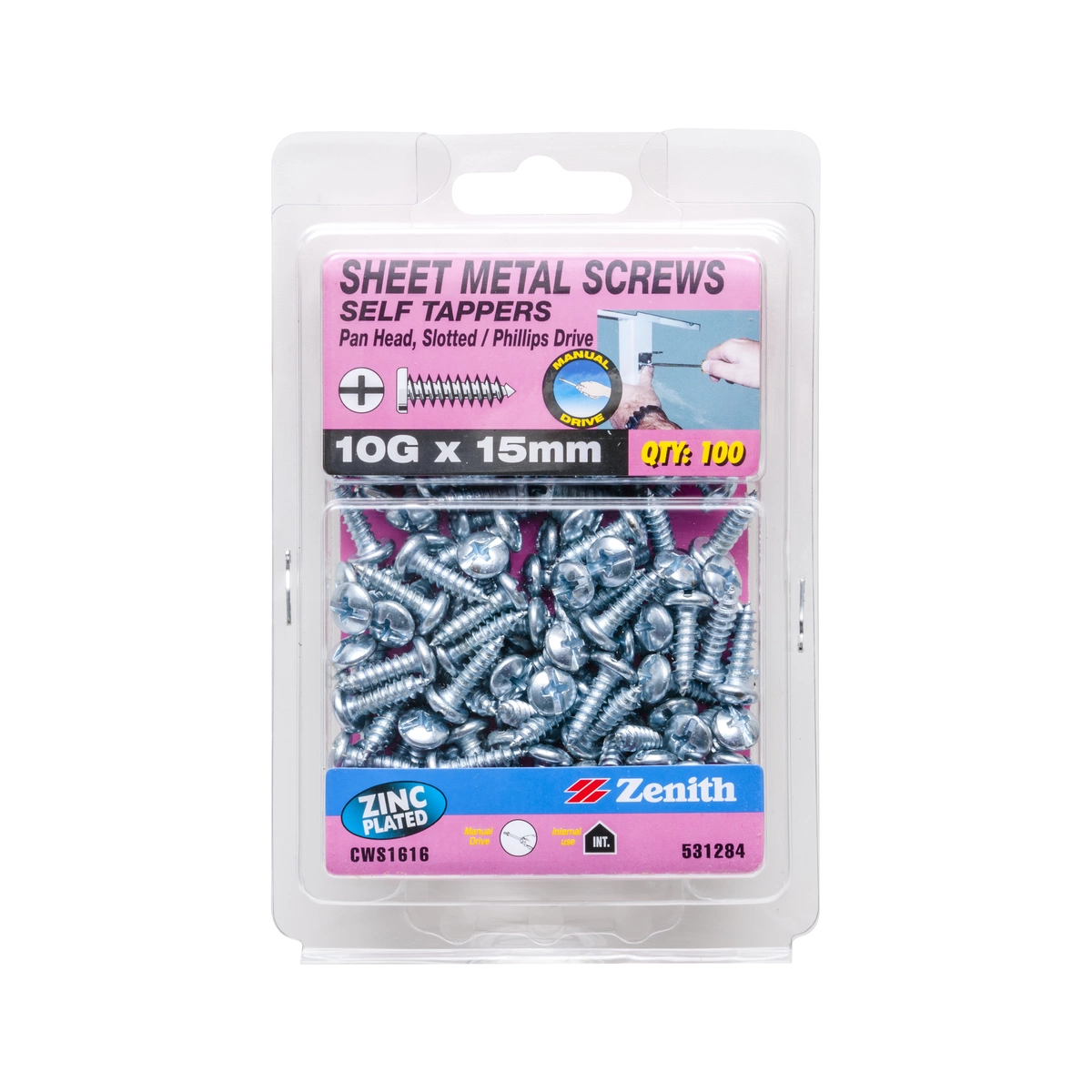 ZENITH® 10G x 15mm Zinc Plated, Self Tapping, Combination Drive, Sheet Metal Screws – Internal Use – 100 Pack
