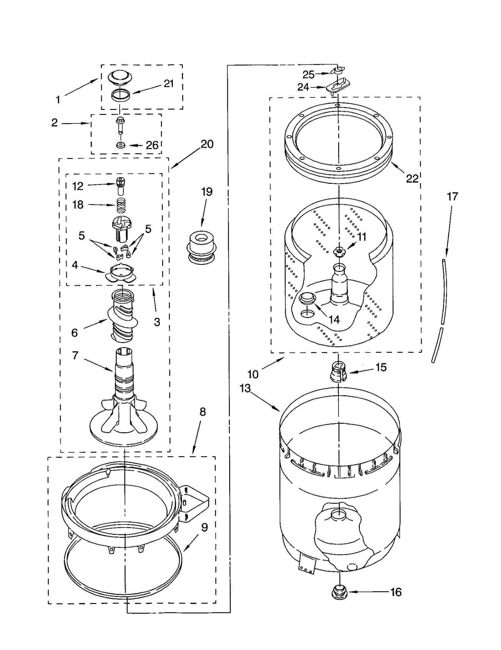AGITATOR, BASKET AND TUB