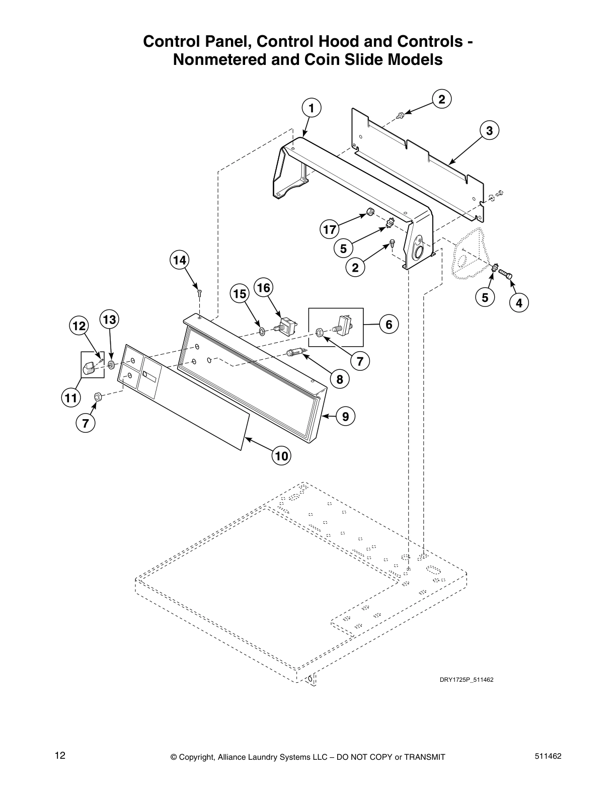 Control Panel, Control Hood and Controls -
Nonmetered and Coin Slide Models