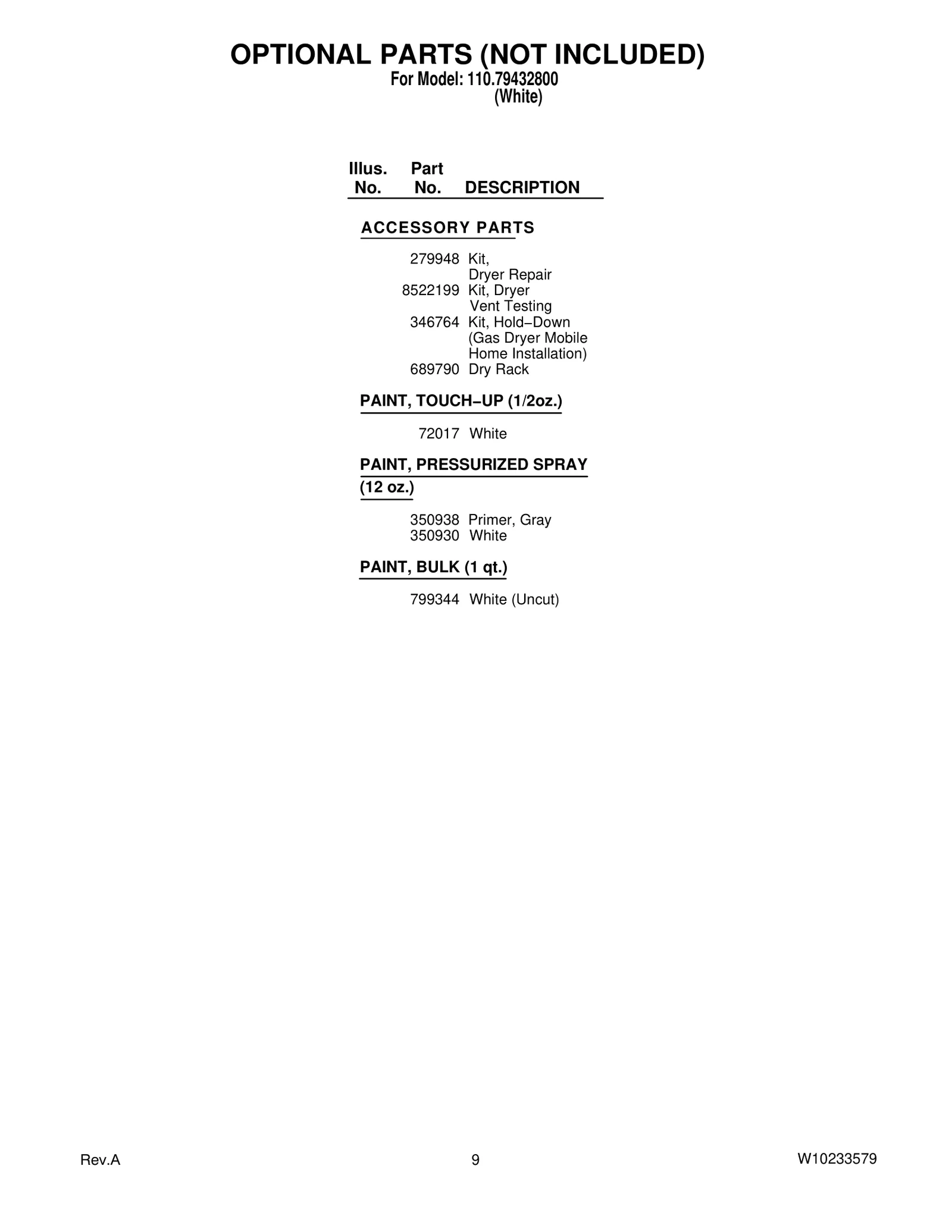 OPTIONAL PARTS (NOT INCLUDED)