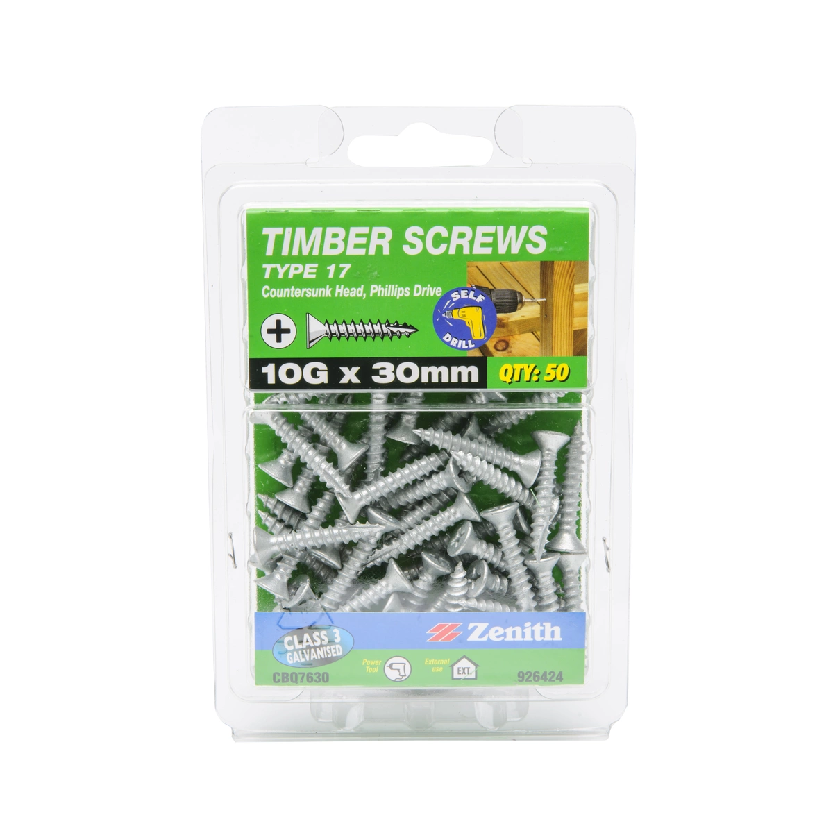 ZENITH® 10G x 30mm Class 3 Galvanised, Phillips Drive, Timber Screws – External Use – 50 Pack