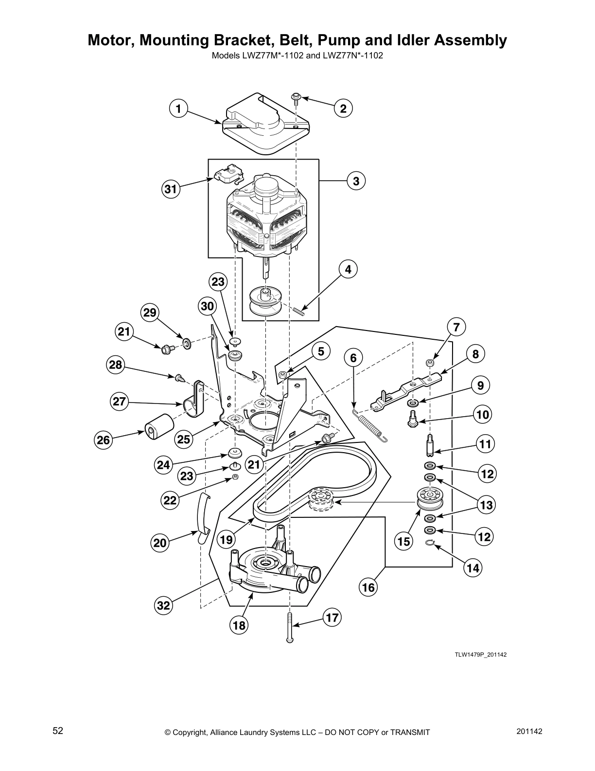Motor, Mounting Bracket, Belt, Pump and Idler Assembly