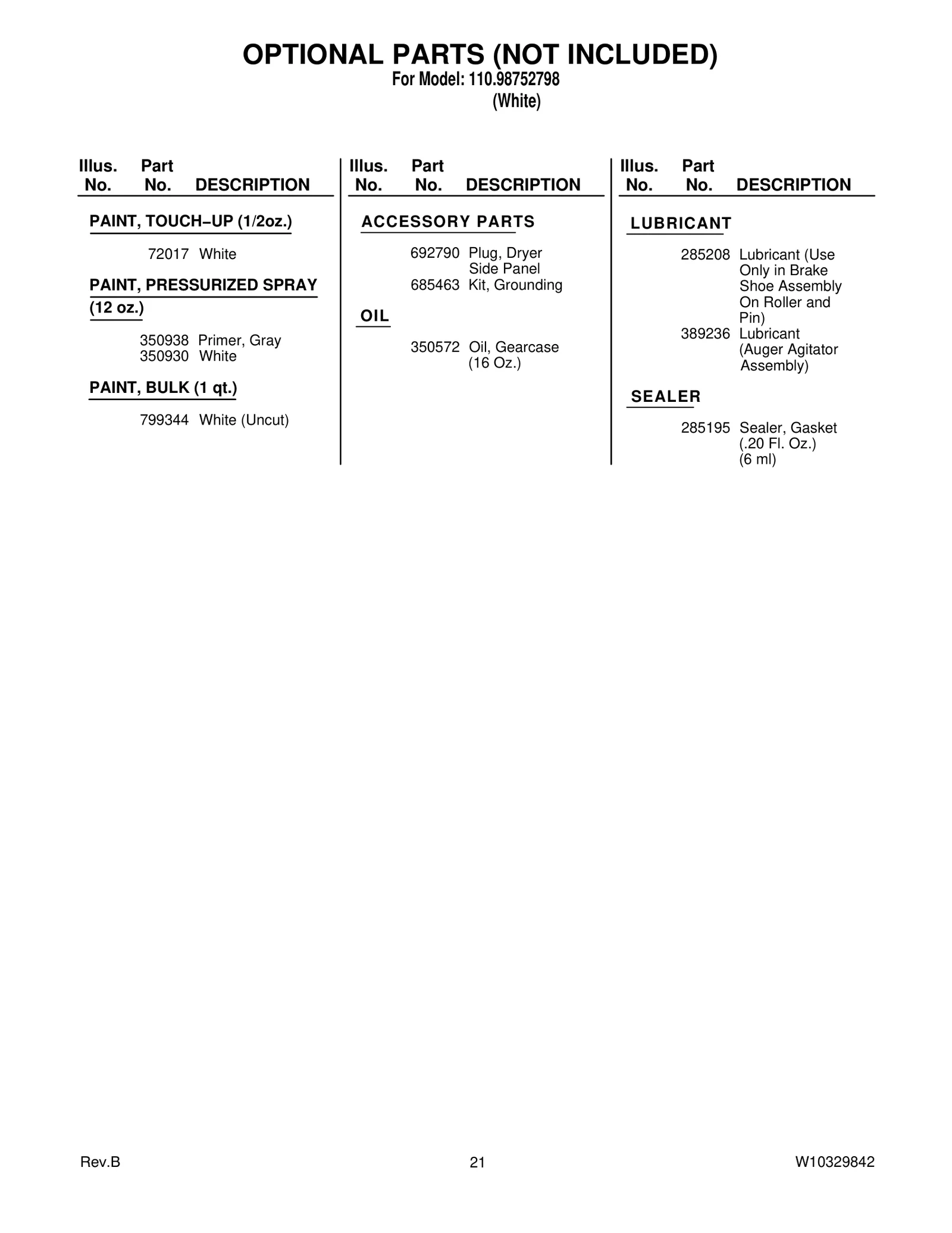 OPTIONAL PARTS (NOT INCLUDED)