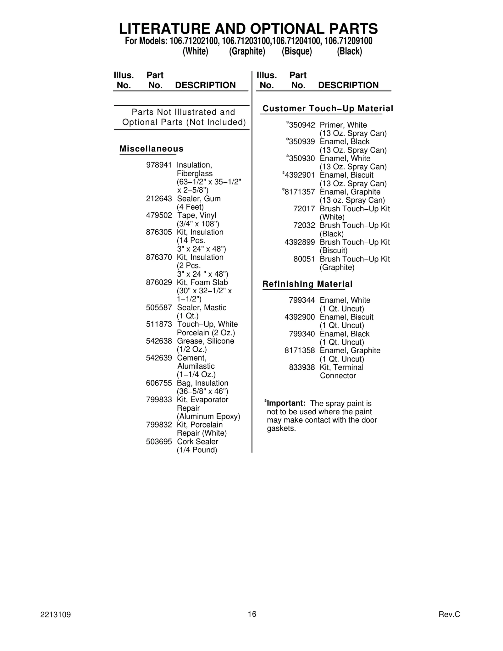 LITERATURE AND OPTIONAL PARTS