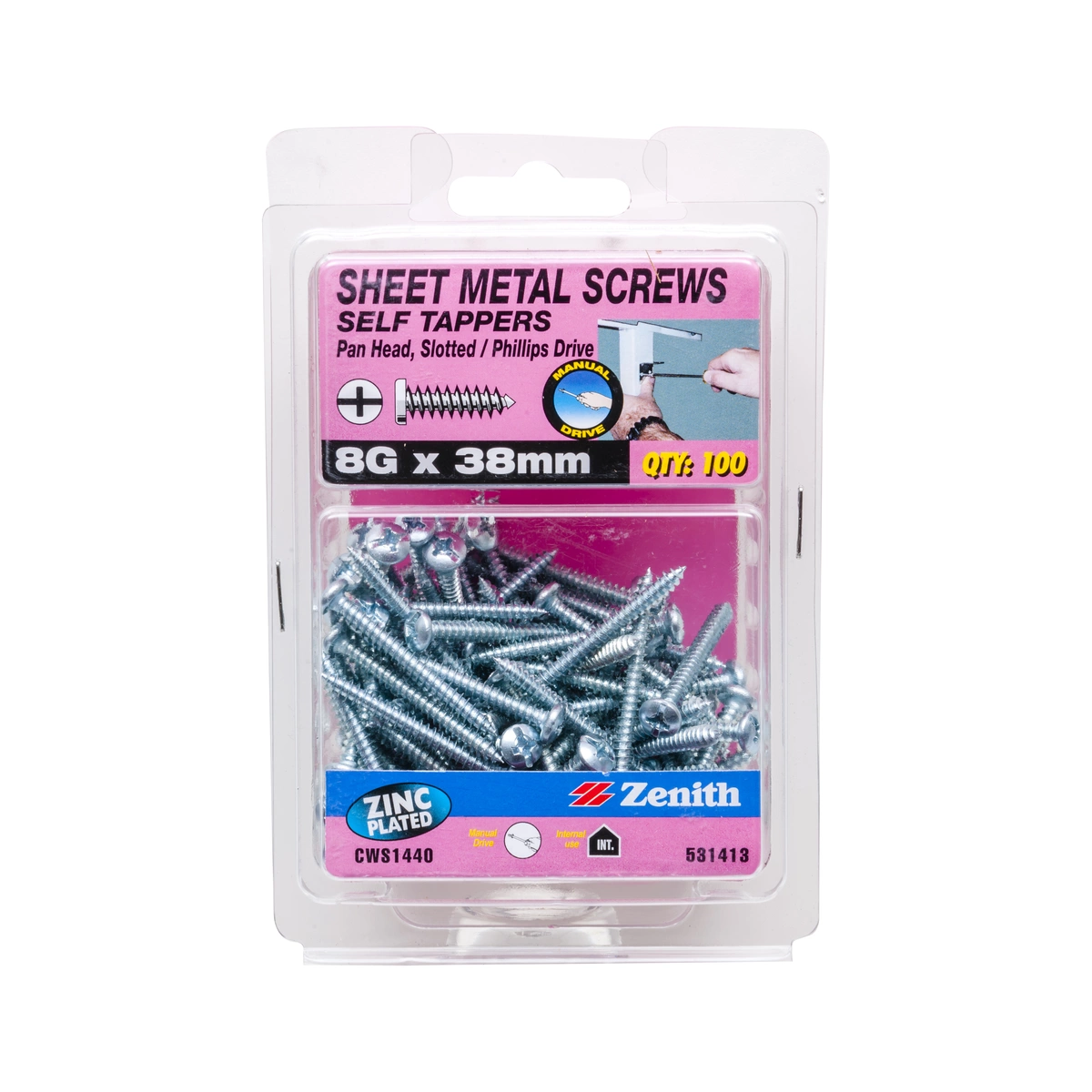 ZENITH® 8G x 38mm Zinc Plated, Self Tapping, Combination Drive, Sheet Metal Screws – Internal Use – 100 Pack