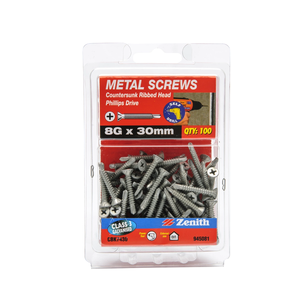 ZENITH® 8G x 30mm Class 3 Galvanised, Self Drilling, Phillips Drive, Metal Screws – External Use – 100 Pack