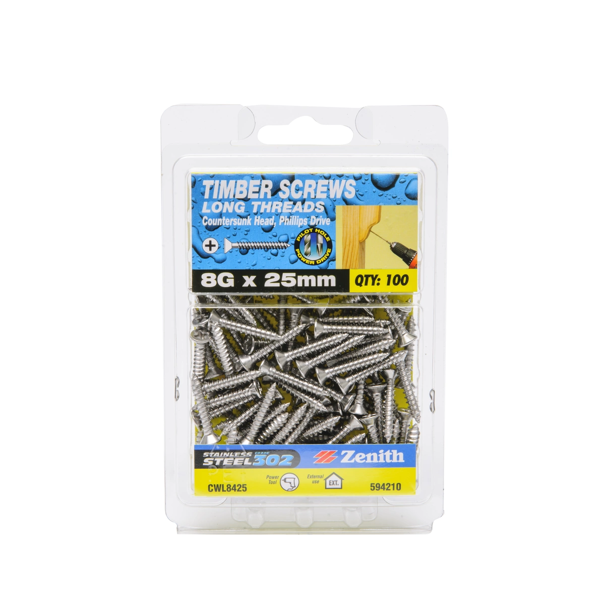 ZENITH® 8G x 25mm 304 Stainless Steel, Phillips Drive, Timber Screws – External Use – 100 Pack
