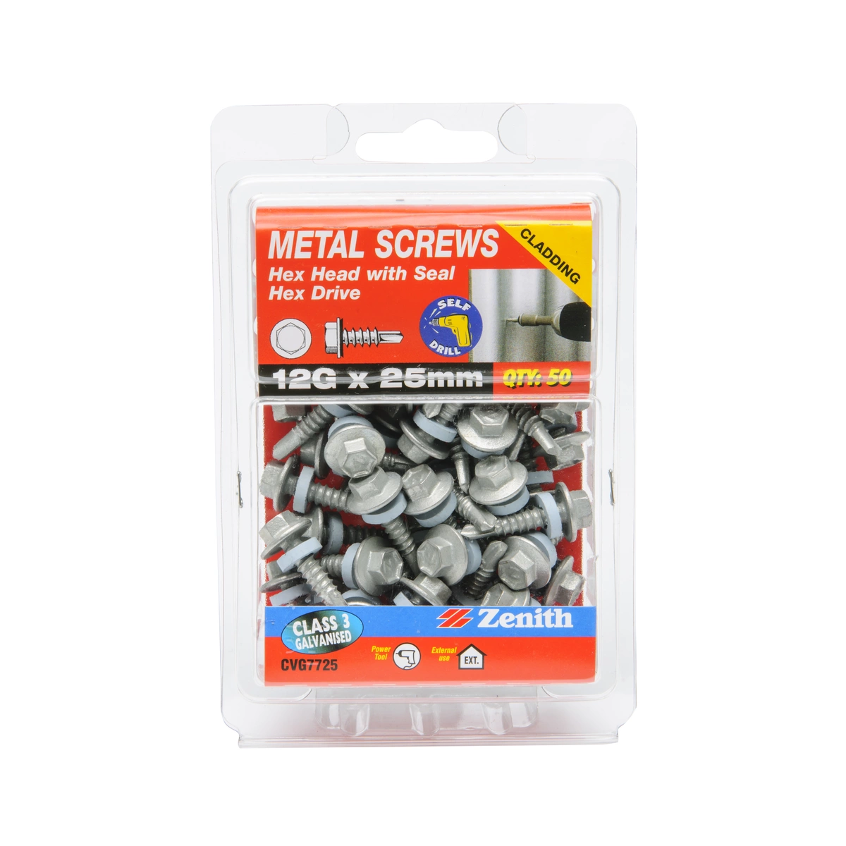 ZENITH® 12G x 25mm Class 3 Galvanised, Self Drilling, External Hex Drive, Cladding & Roofing Screws with Seal – External Use – 50 Pack