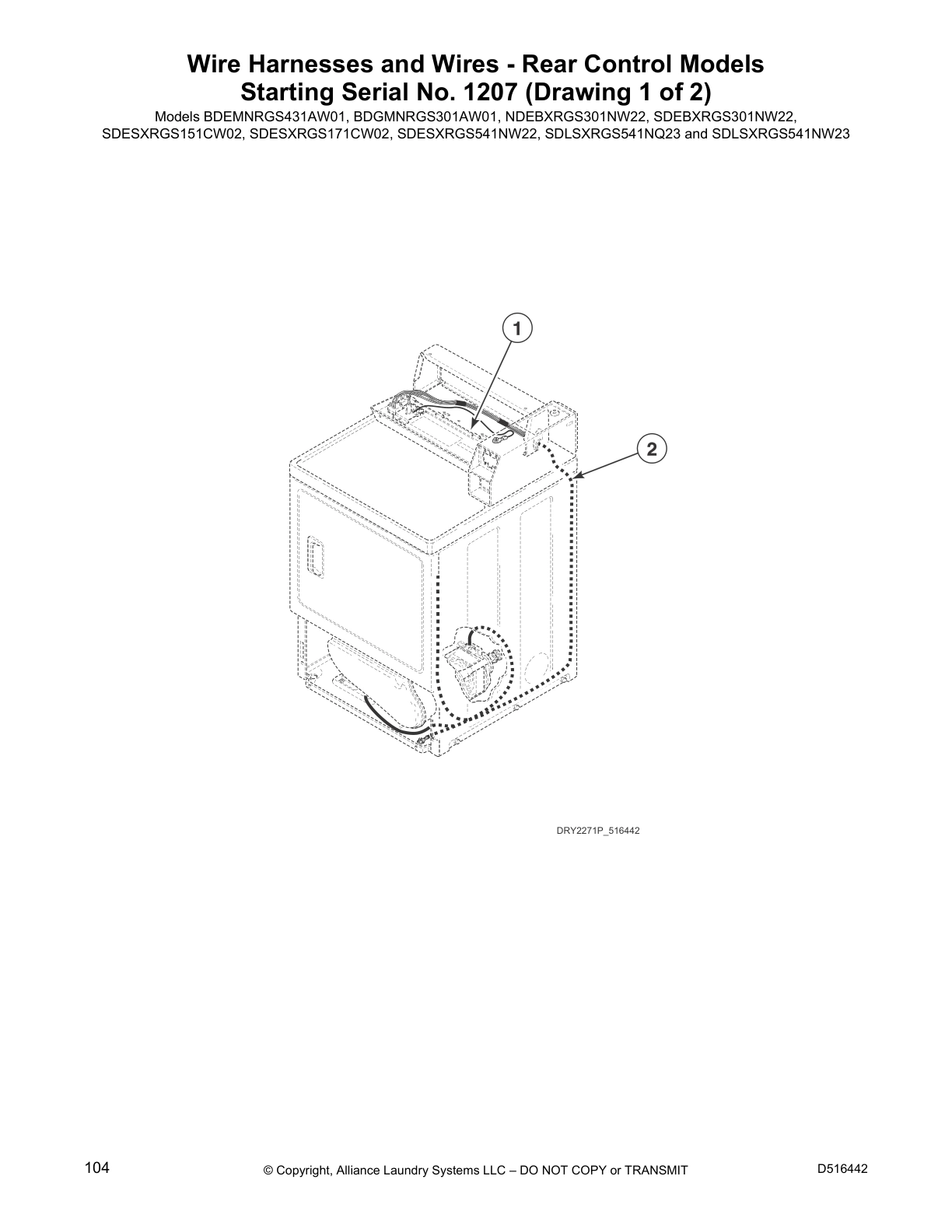 Wire Harnesses and Wires - Rear Control Models
Starting Serial No. 1207 (Drawing 1 of 2)