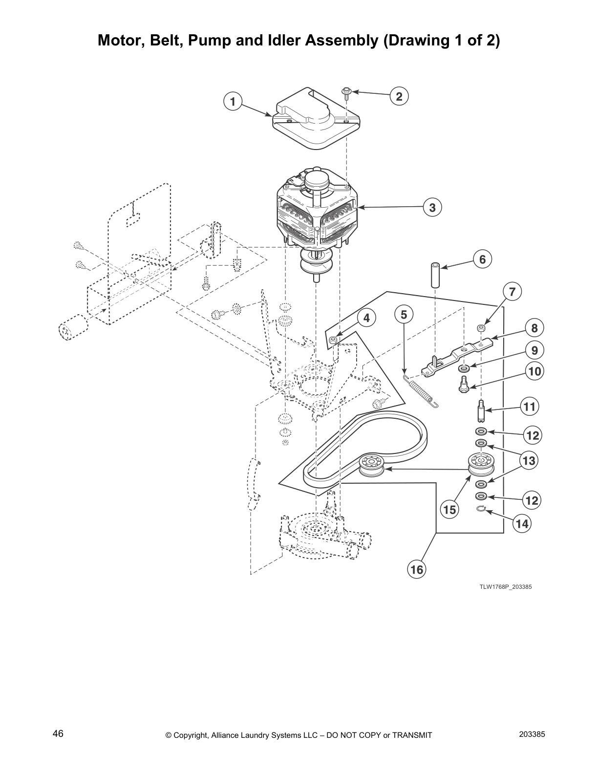 Motor, Belt, Pump and Idler Assembly (Drawing 1 of 2)