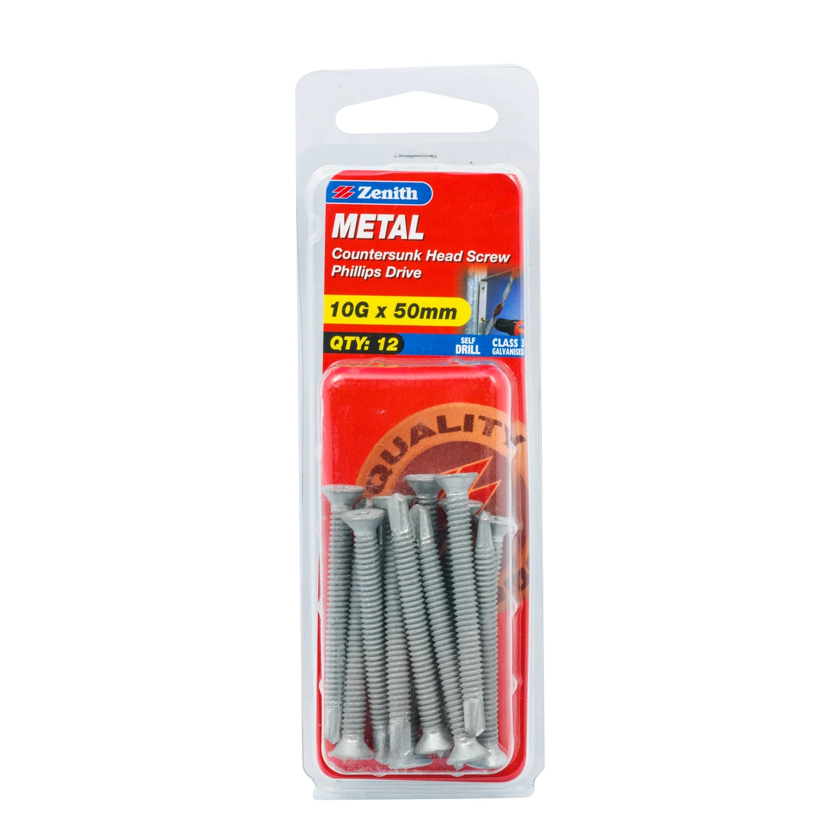 ZENITH® 10G x 50mm Class 3 Galvanised, Self Drilling, Phillips Drive, Metal Screws – External Use – 12 Pack