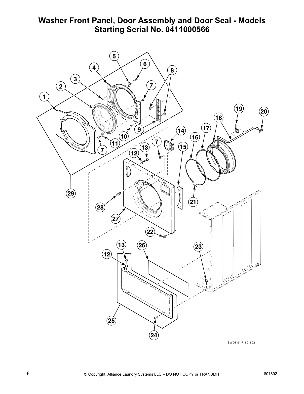 Washer Front Panel, Door Assembly and Door Seal - Models 
Starting Serial No. 0411000566