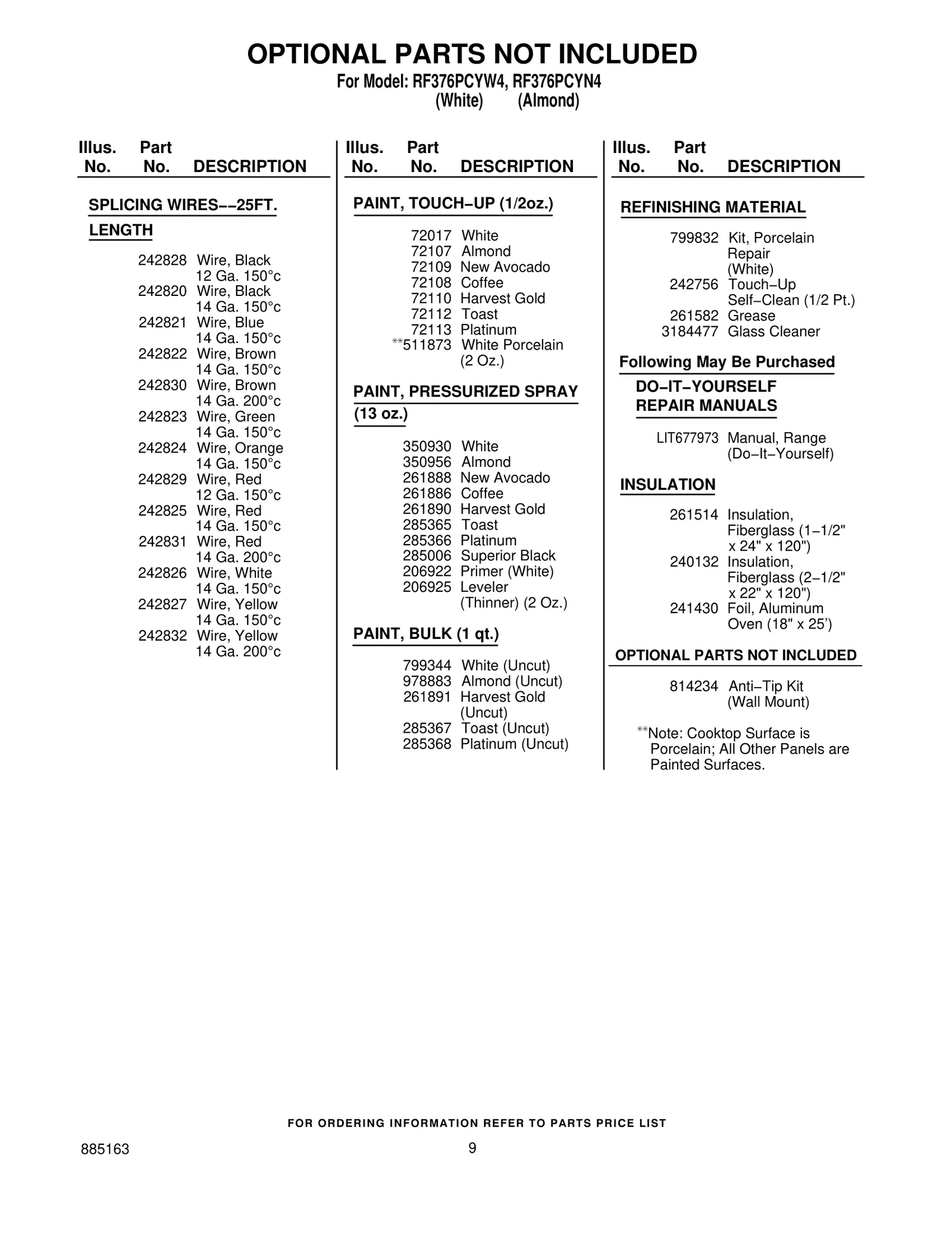 OPTIONAL PARTS NOT INCLUDED