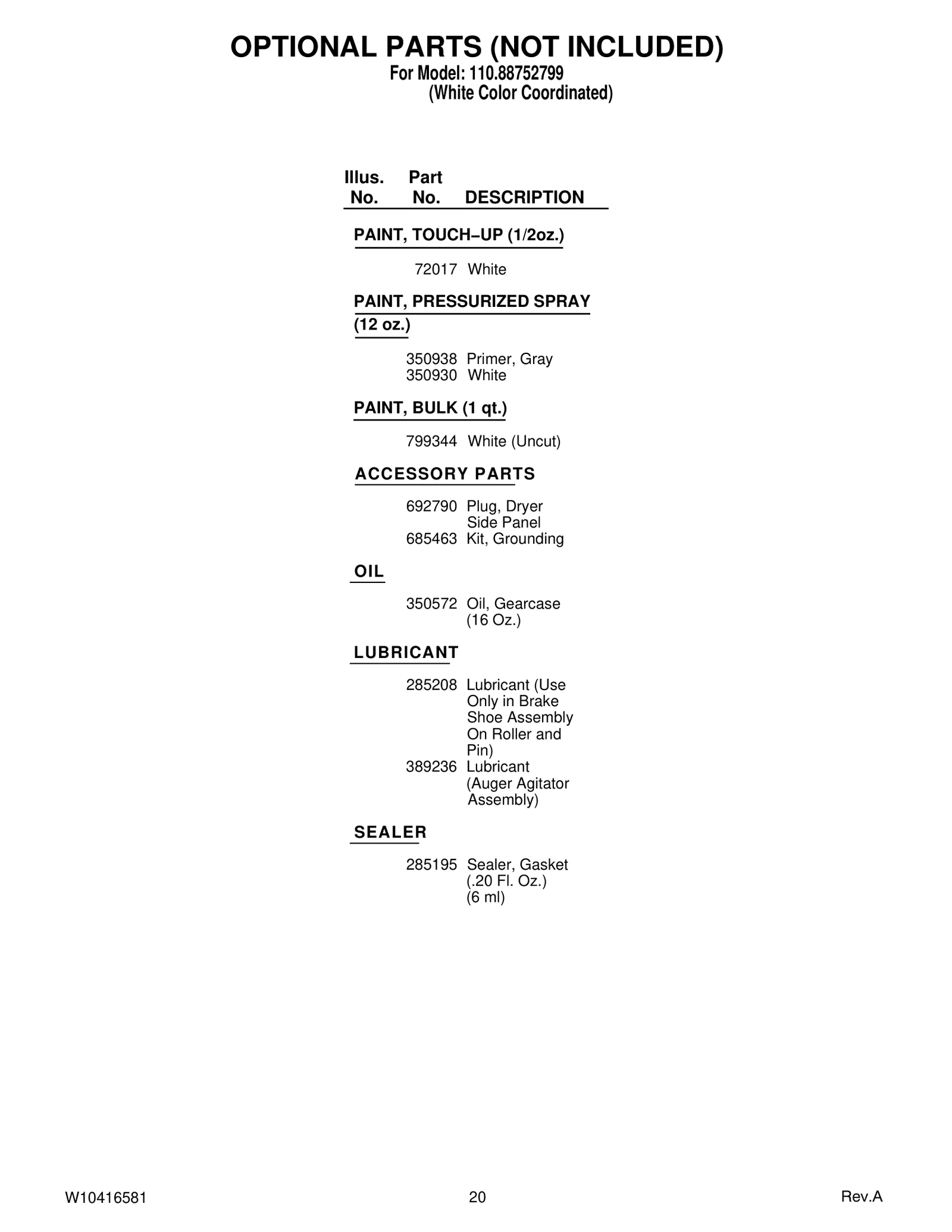 OPTIONAL PARTS (NOT INCLUDED)