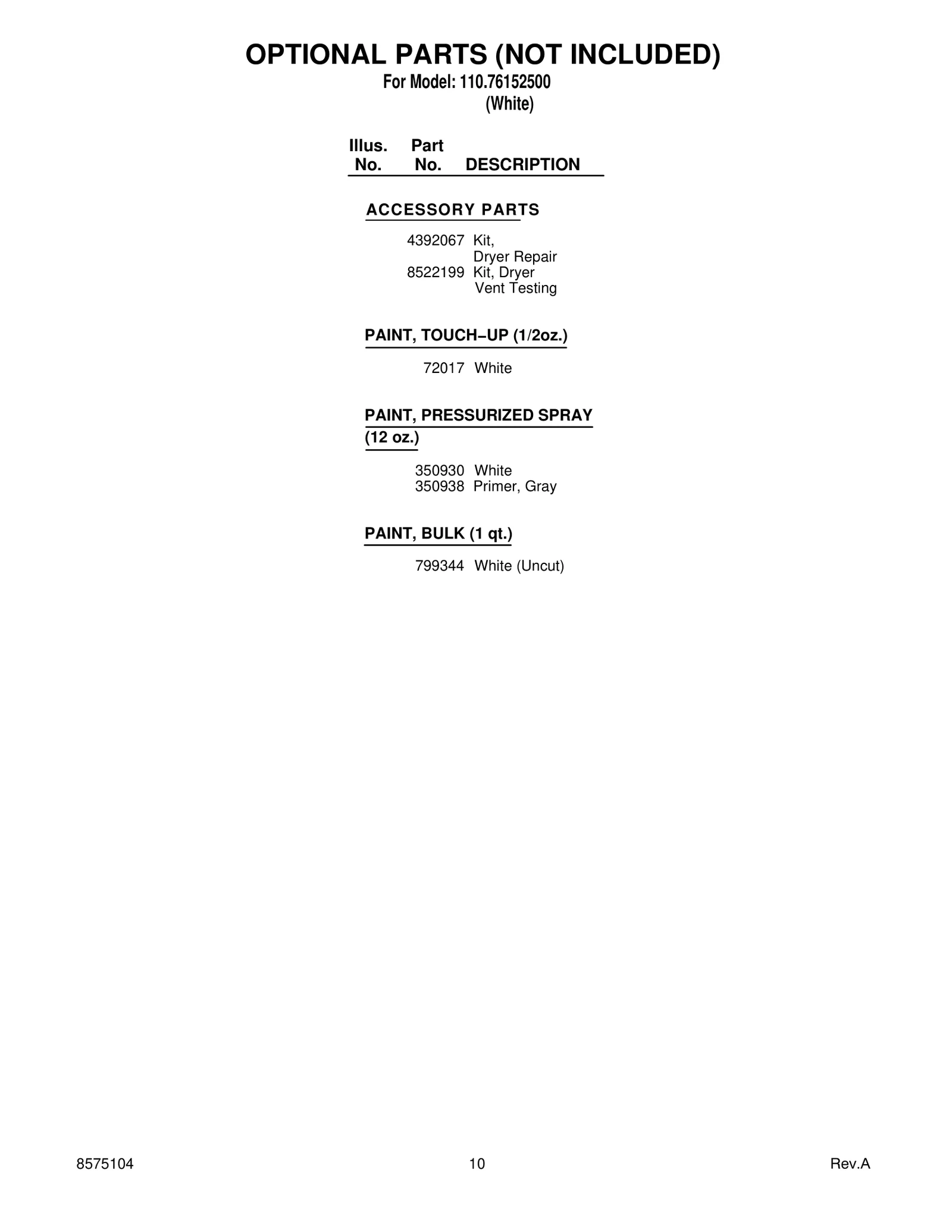 OPTIONAL PARTS (NOT INCLUDED)