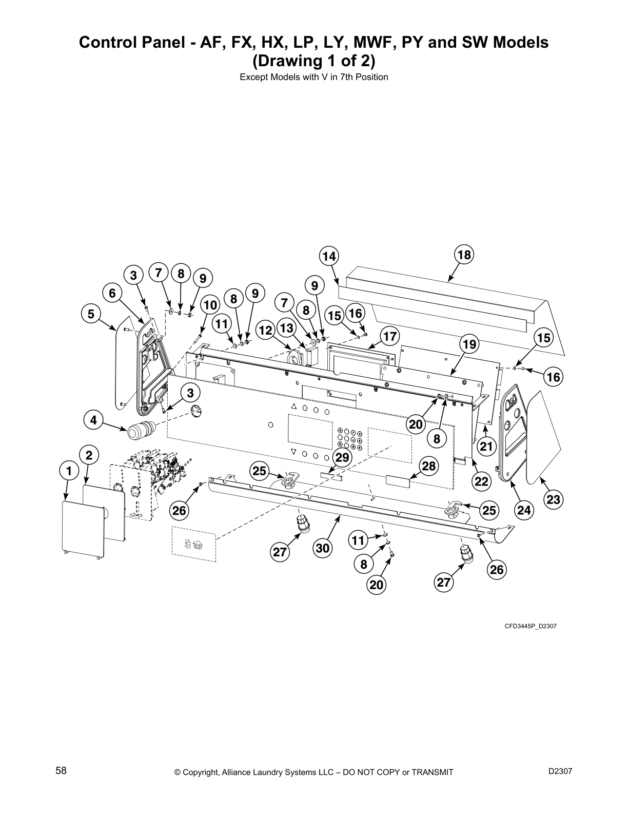 Control Panel - AF, FX, HX, LP, LY, MWF, PY and SW Models 
(Drawing 1 of 2)