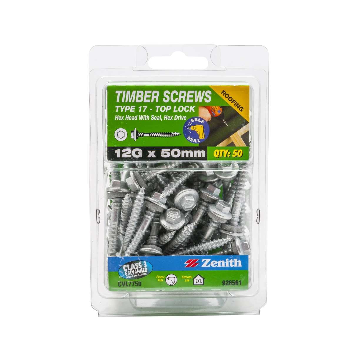ZENITH® 12G x 50mm Class 3 Galvanised, External Hex Drive, Hex Head, Cladding & Roofing Screws with Seal – External Use – 50 Pack