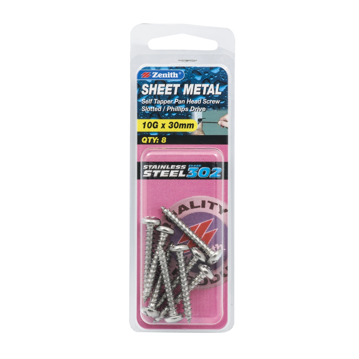 ZENITH® 10G x 30mm 304 Stainless Steel, Self Tapping, Combination Drive, Sheet Metal Screws – External Use – 8 Pack
