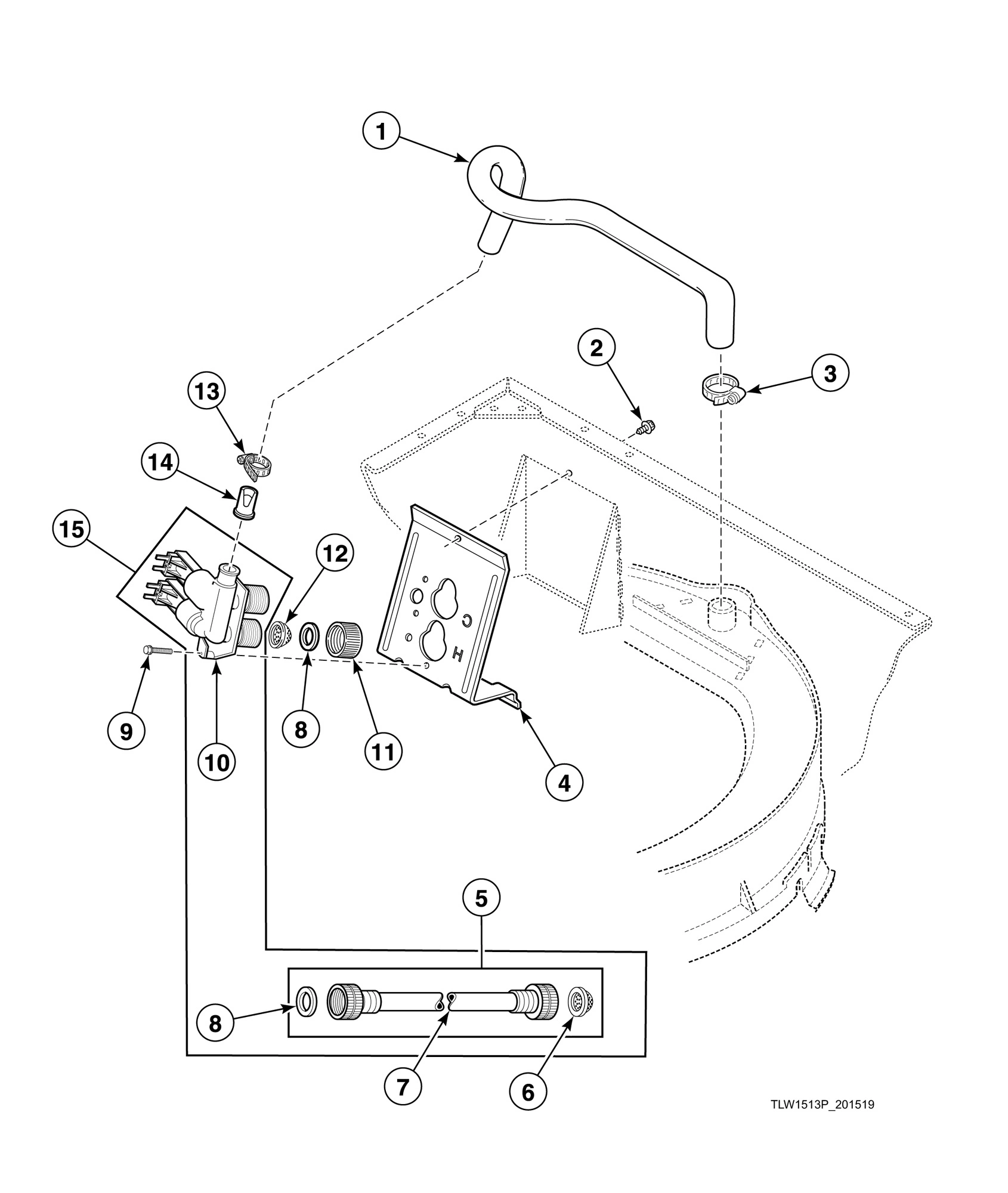 Fill Hose, Mixing Valve-to-Tub Cover Hose, Mixing Valve and Bracket