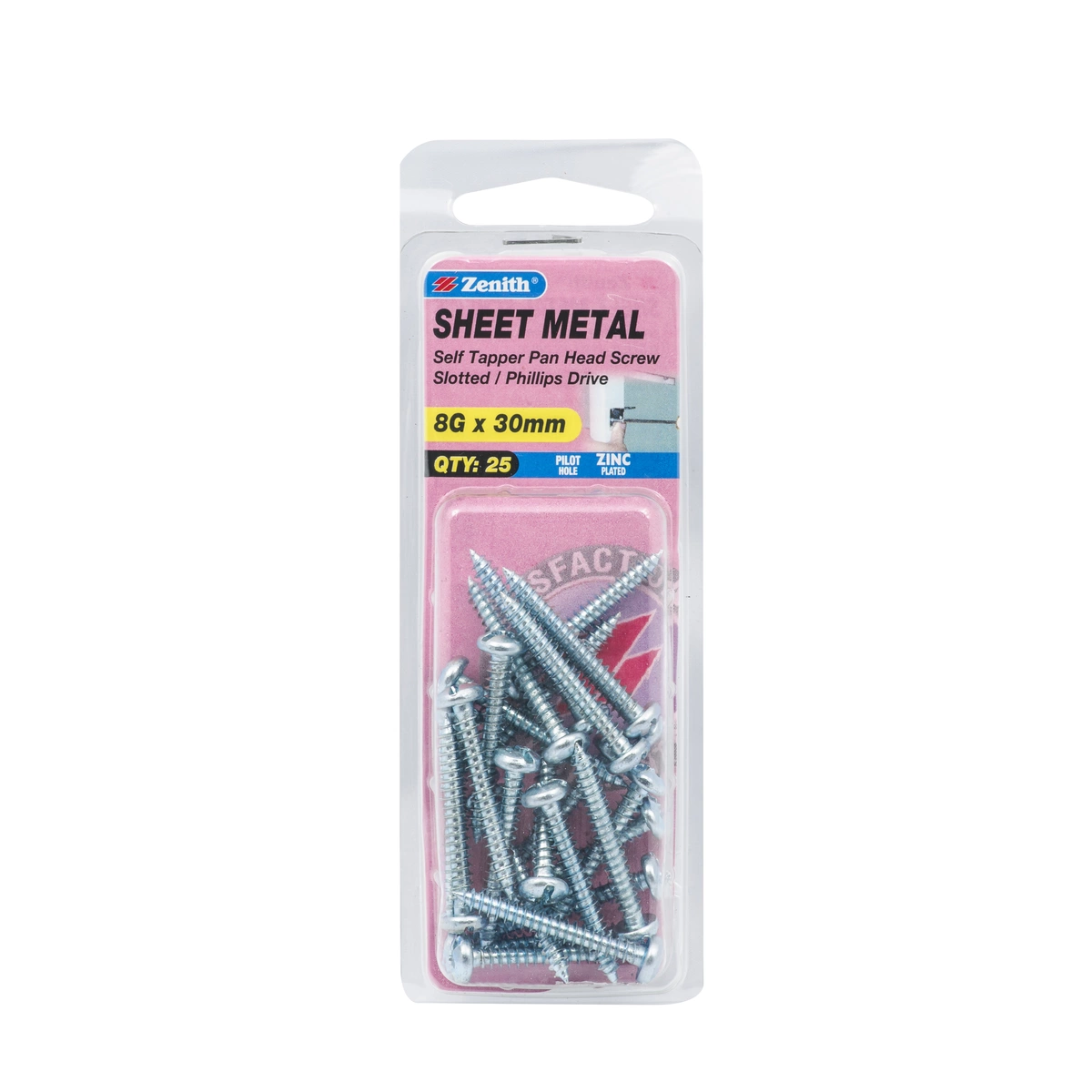 ZENITH® 8G x 30mm Zinc Plated, Self Tapping, Combination Drive, Sheet Metal Screws – Internal Use – 25 Pack