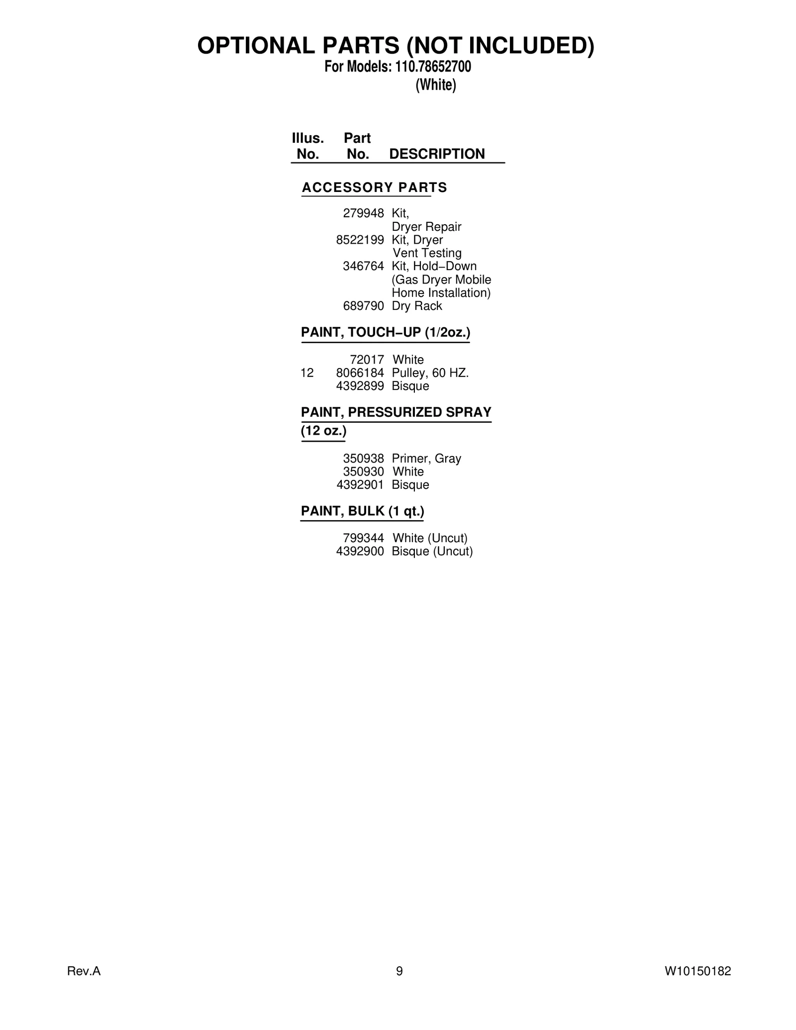 OPTIONAL PARTS (NOT INCLUDED)